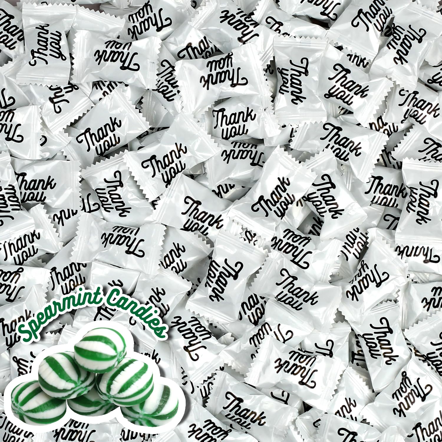 Close-up of A Great Surprise mint packaging with white wrappers and black Thank You text