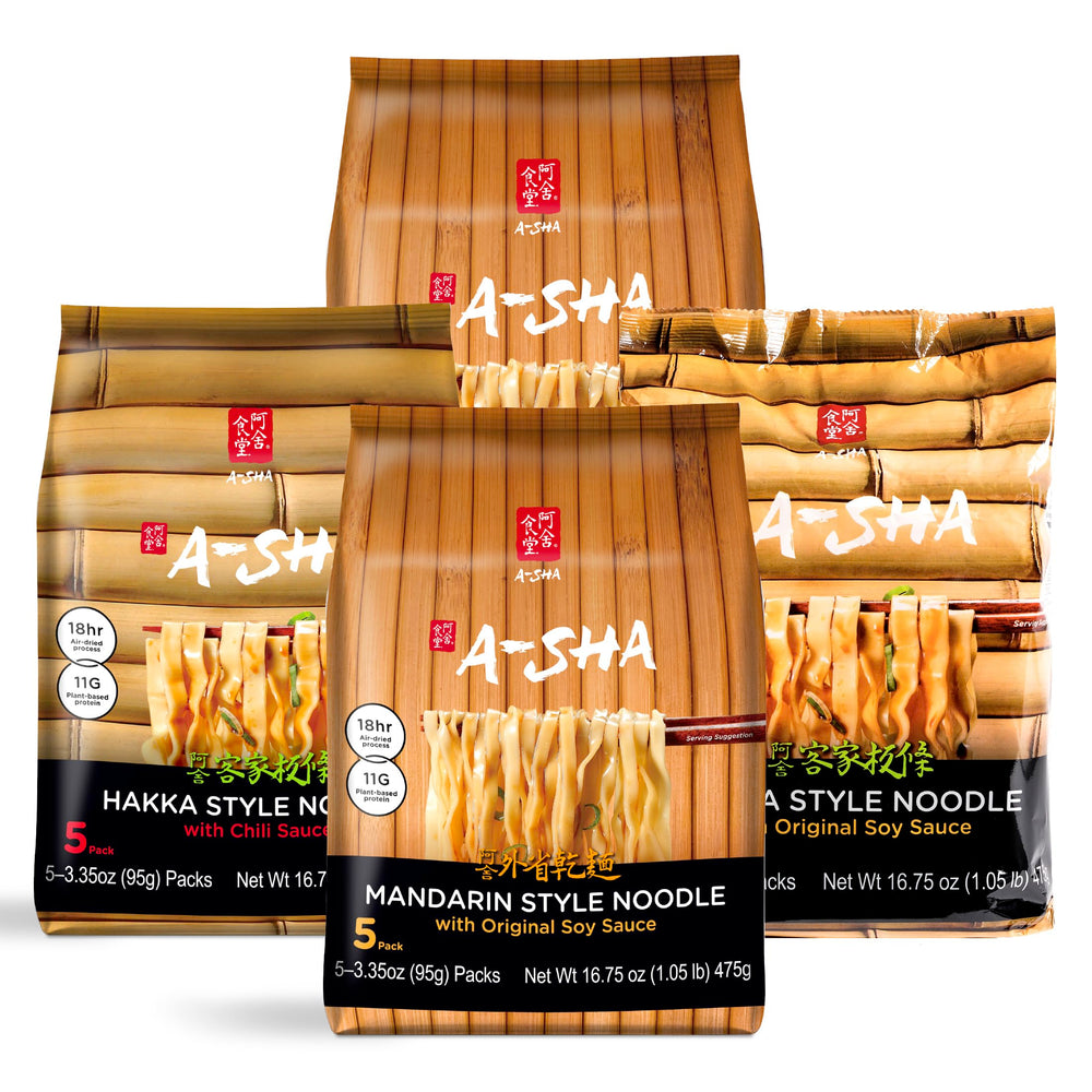 A-SHA healthy asian noodles bundle front with sauce pack, ideal for quick weeknight meals.