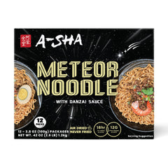 Branded A-SHA Meteor Noodle packaging with Danzai Sauce in a 12-pack box.