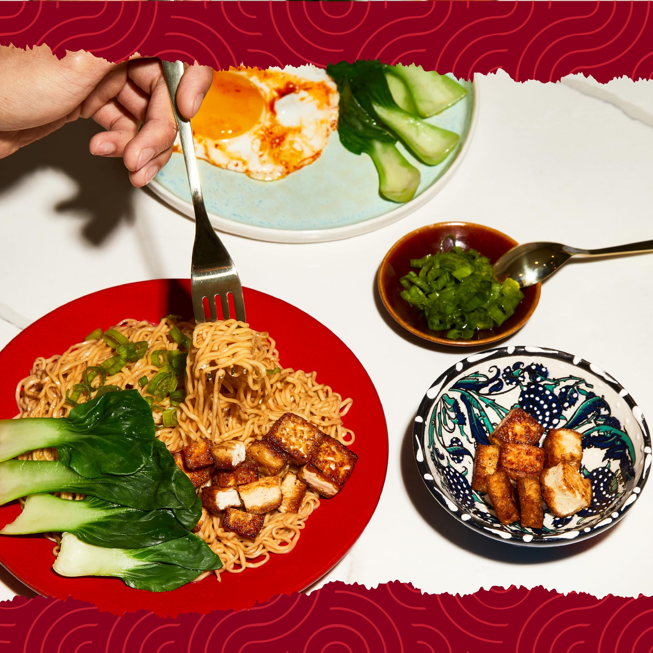 Kitchen scene featuring A-Sha noodles ready to simmer with toppings.