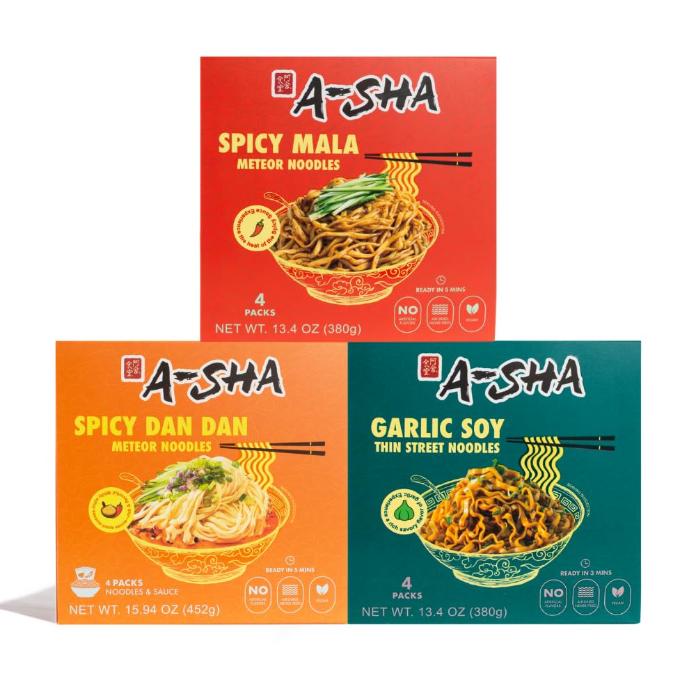 A-Sha Signature Noodles collection hero image showing three flavors for quick meals