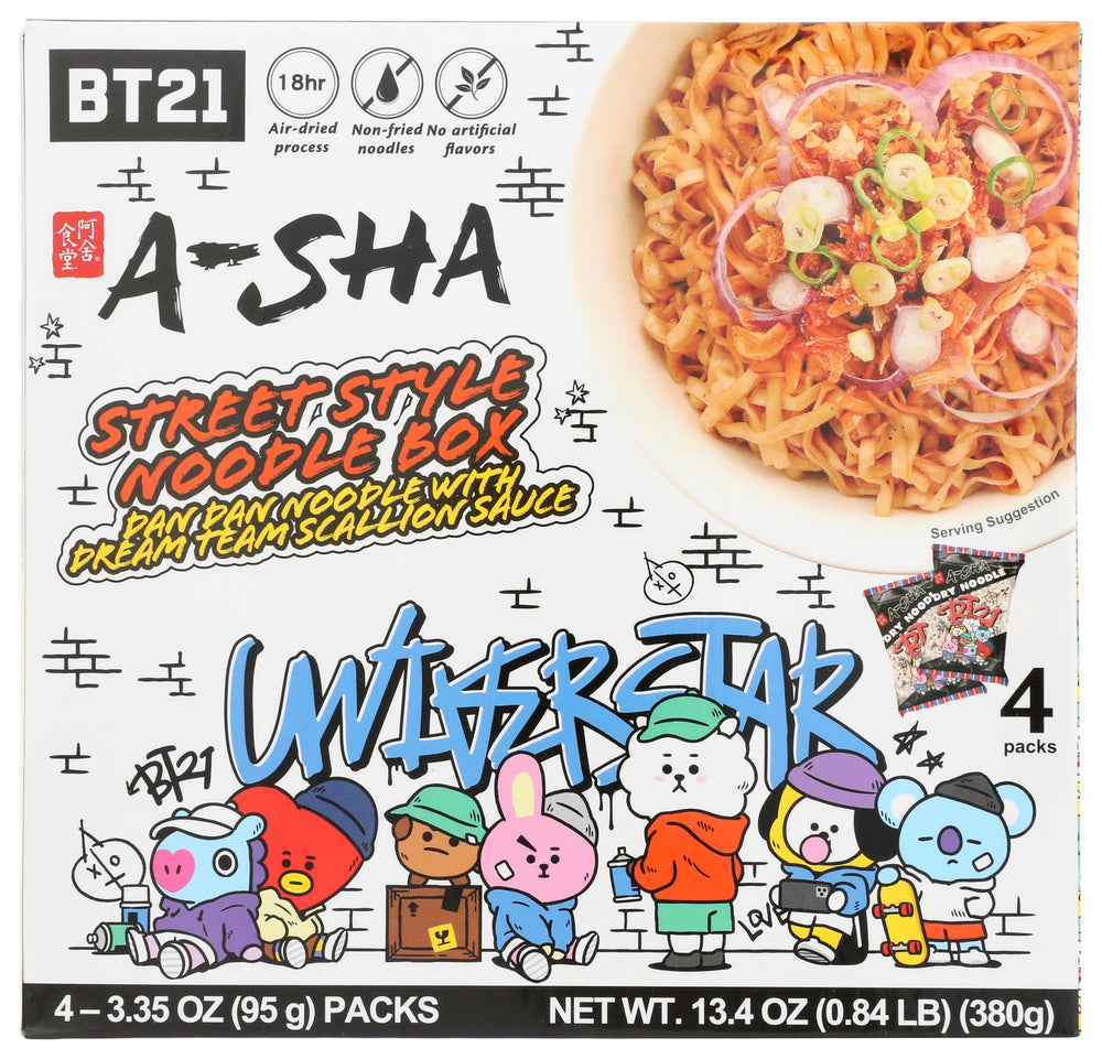 A-SHA Street Style Noodles with Scallion Sauce pack front showing four-pack for quick meals.