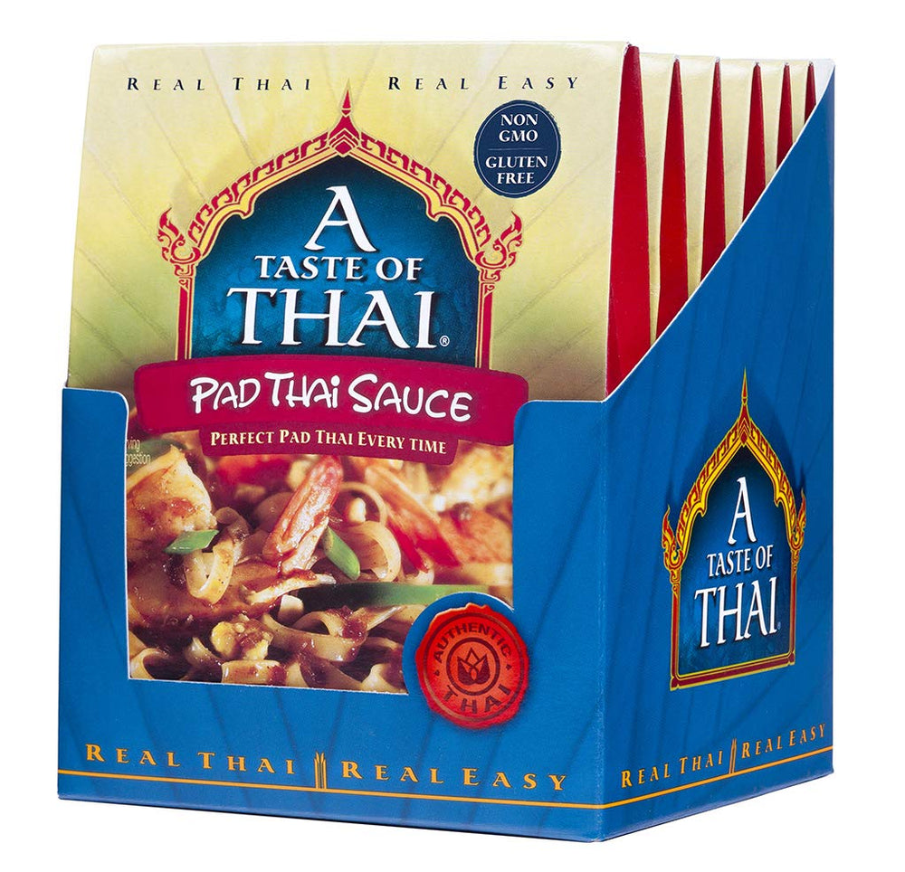 A Taste of Thai Pad Thai sauce glass bottle showcasing clean, gluten-free ingredients.