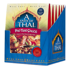A Taste of Thai Pad Thai sauce glass bottle showcasing clean, gluten-free ingredients.