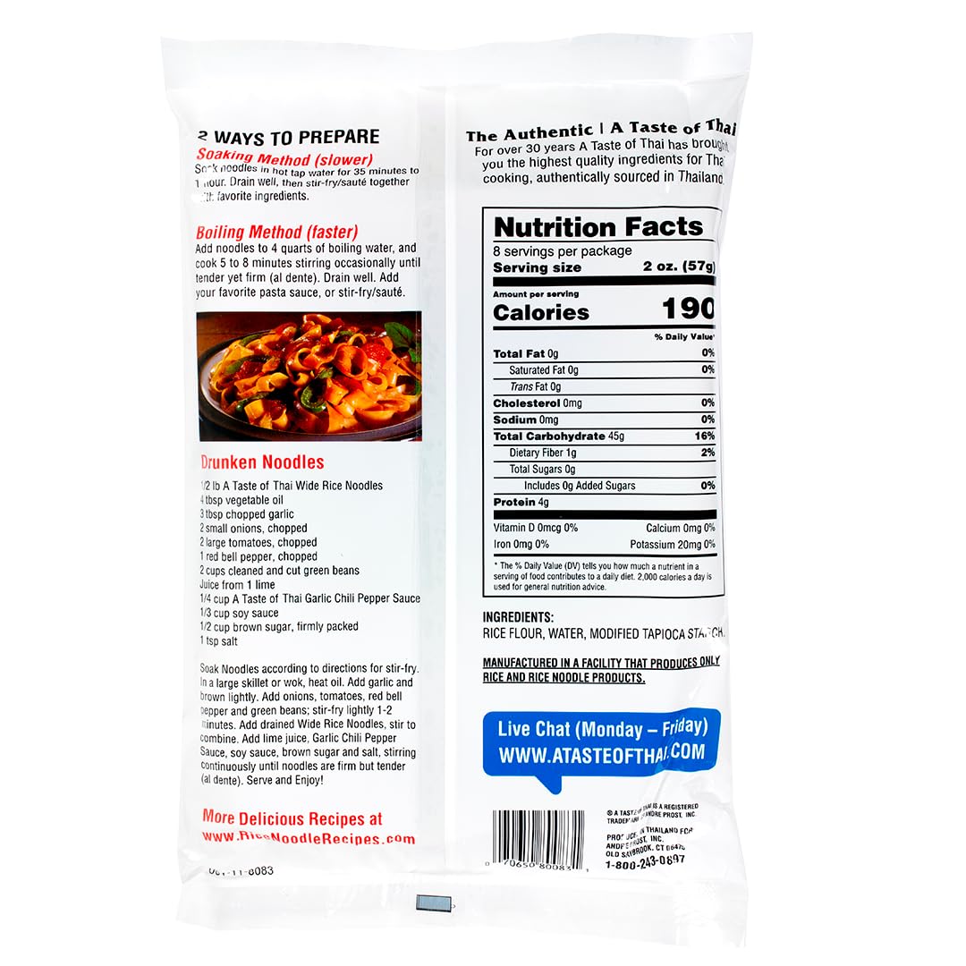 A Taste of Thai raw fettuccine rice noodles in a pack; gluten-free option.