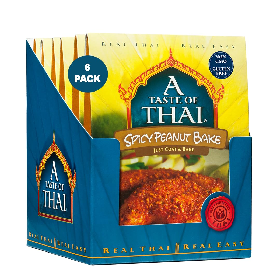 A Taste of Thai Spicy Peanut Bake packaging shows the gluten-free coating mix for quick, flavorful meals.