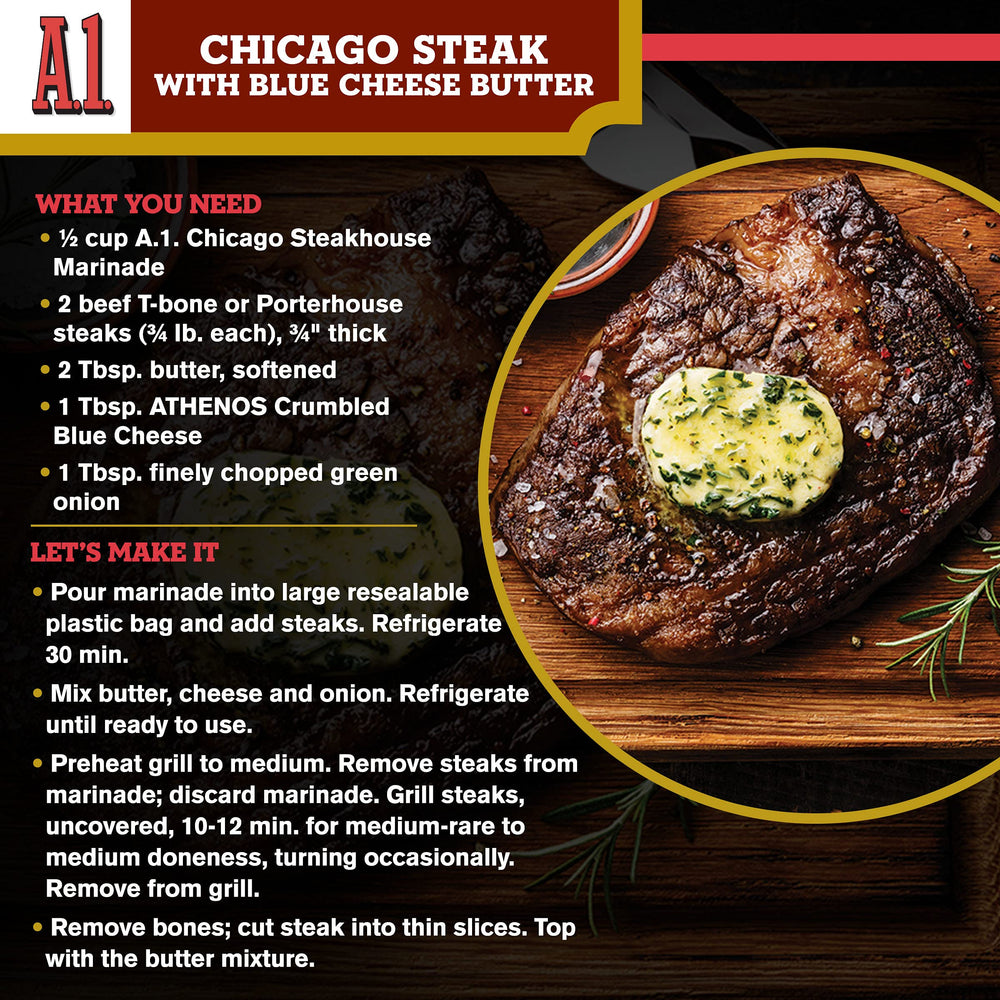 A.1. Chicago Steakhouse Marinade bottle pour demonstrates easy, mess-free application
