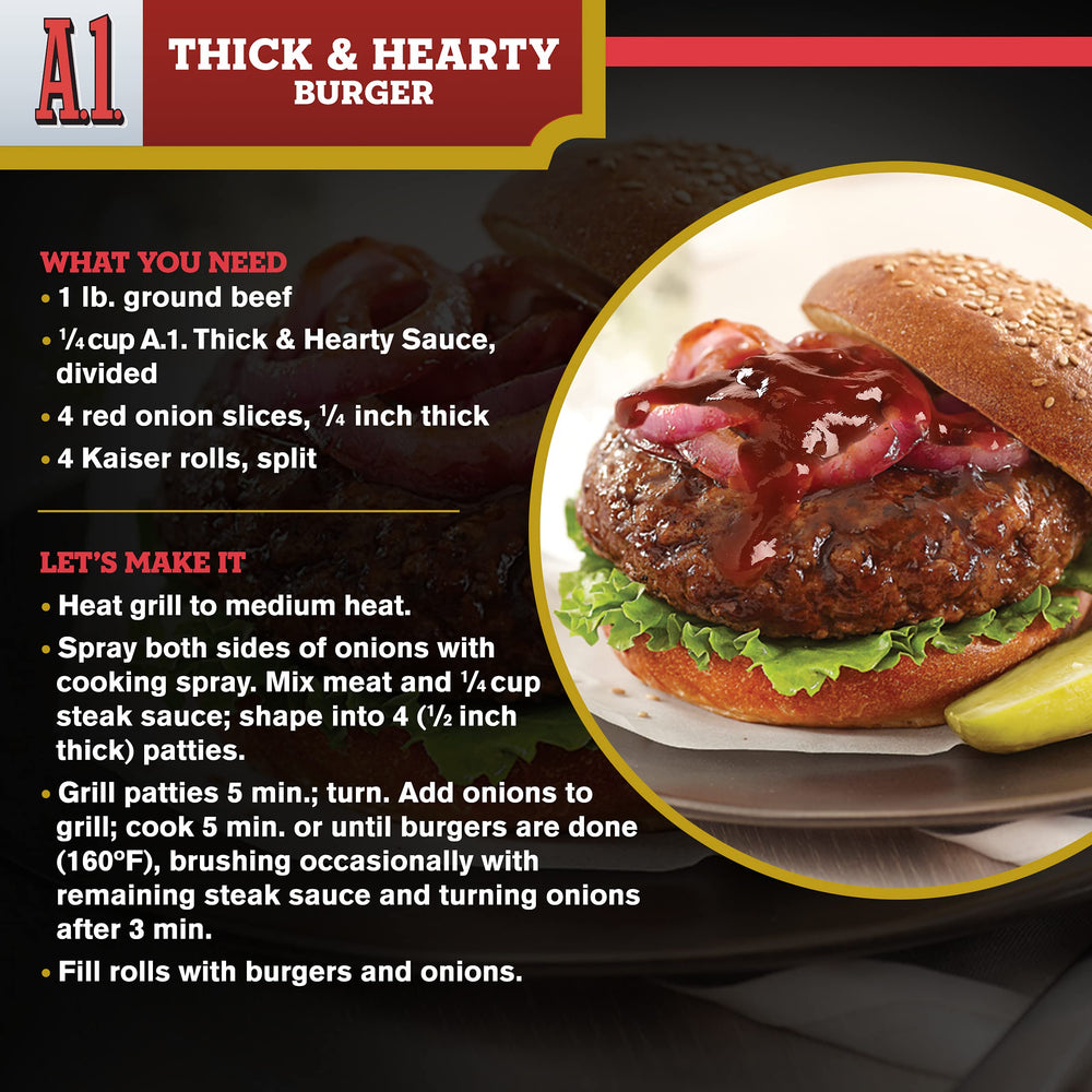 A1 Thick and Hearty Steak Sauce on a grill night scene.