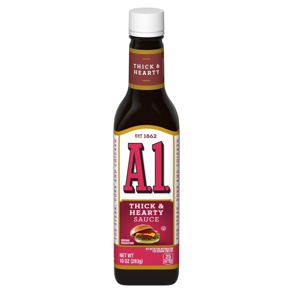 A1 Thick and Hearty Steak Sauce 3-pack bottles showcase bold flavor.