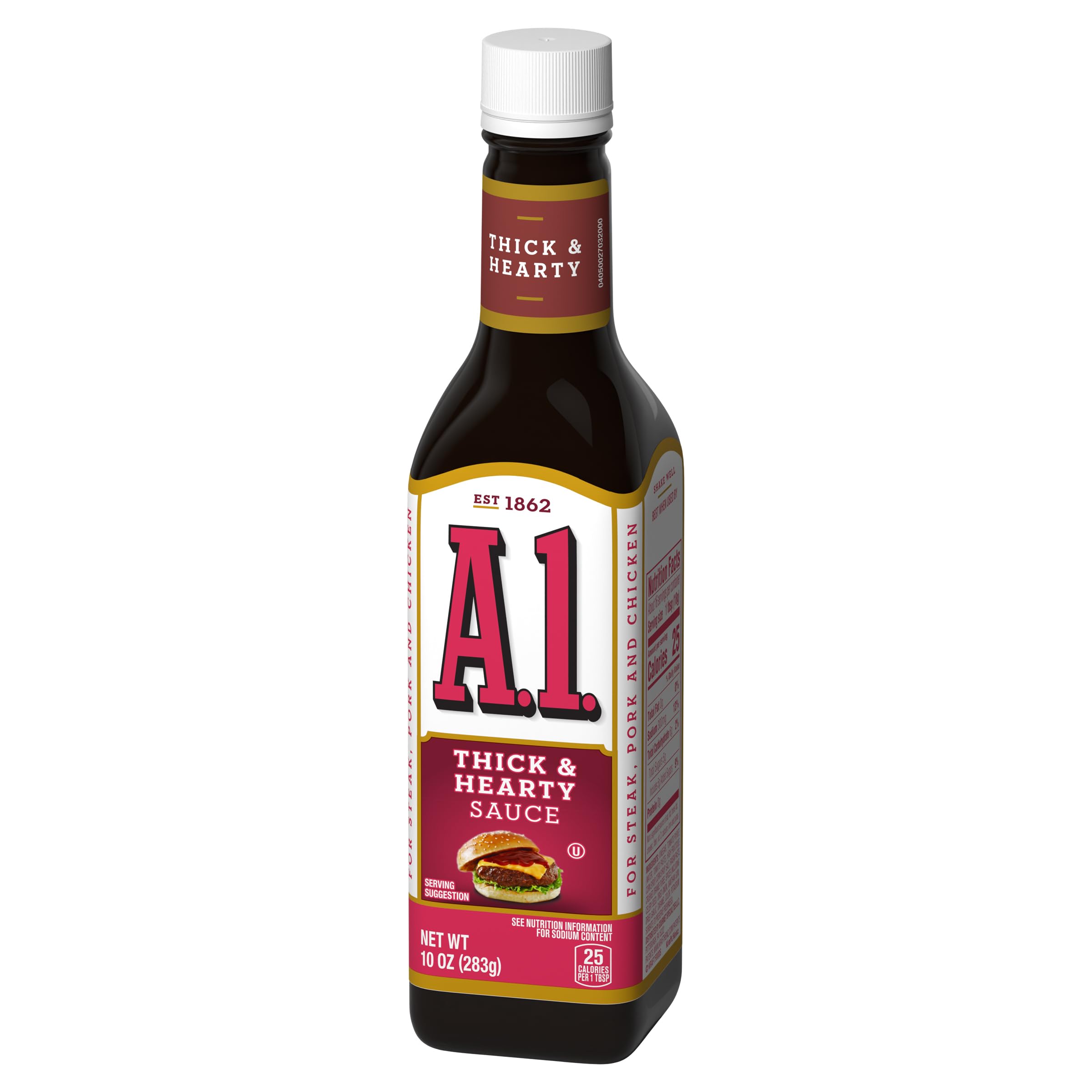 A1 Thick and Hearty Steak Sauce plated with steak to illustrate serving.