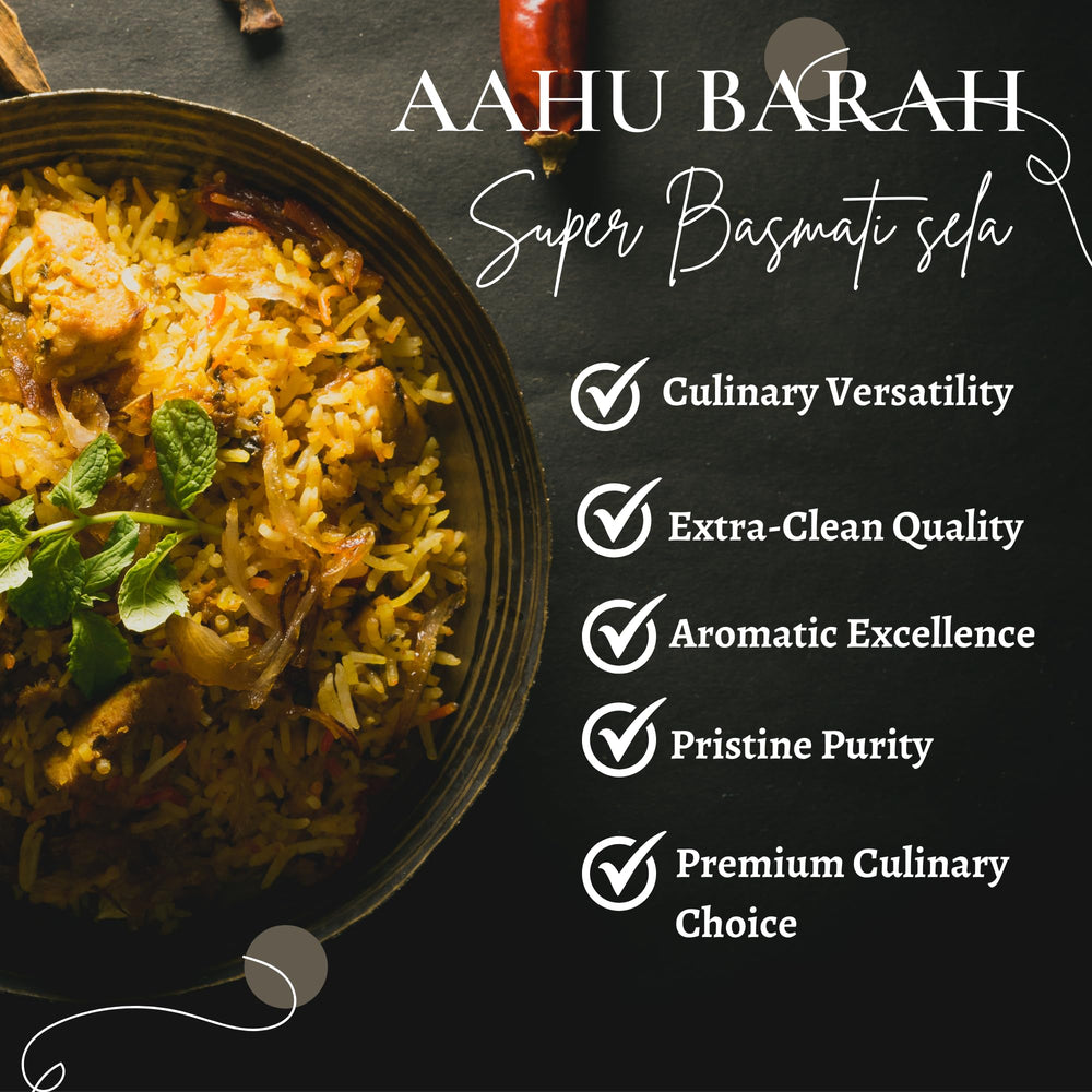Aahu Barah Basmati Sela Rice cooked to fluffy separation for perfectly distinct grains.