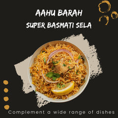 Aahu Barah Basmati Sela Rice grains close-up highlights extra-long grains for fluffy results.