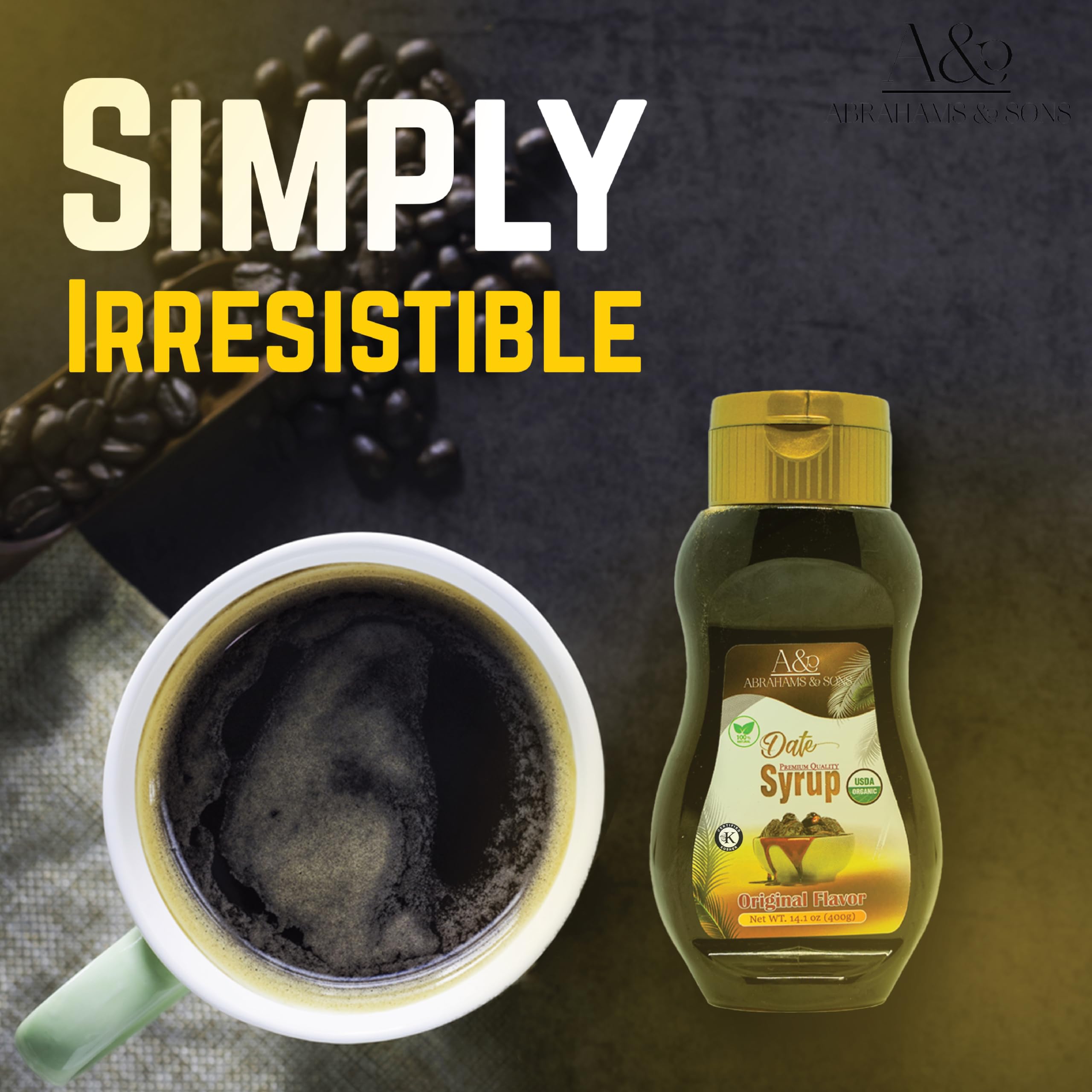Sustainably sourced ABRAHAMS & SONS date syrup packaging.