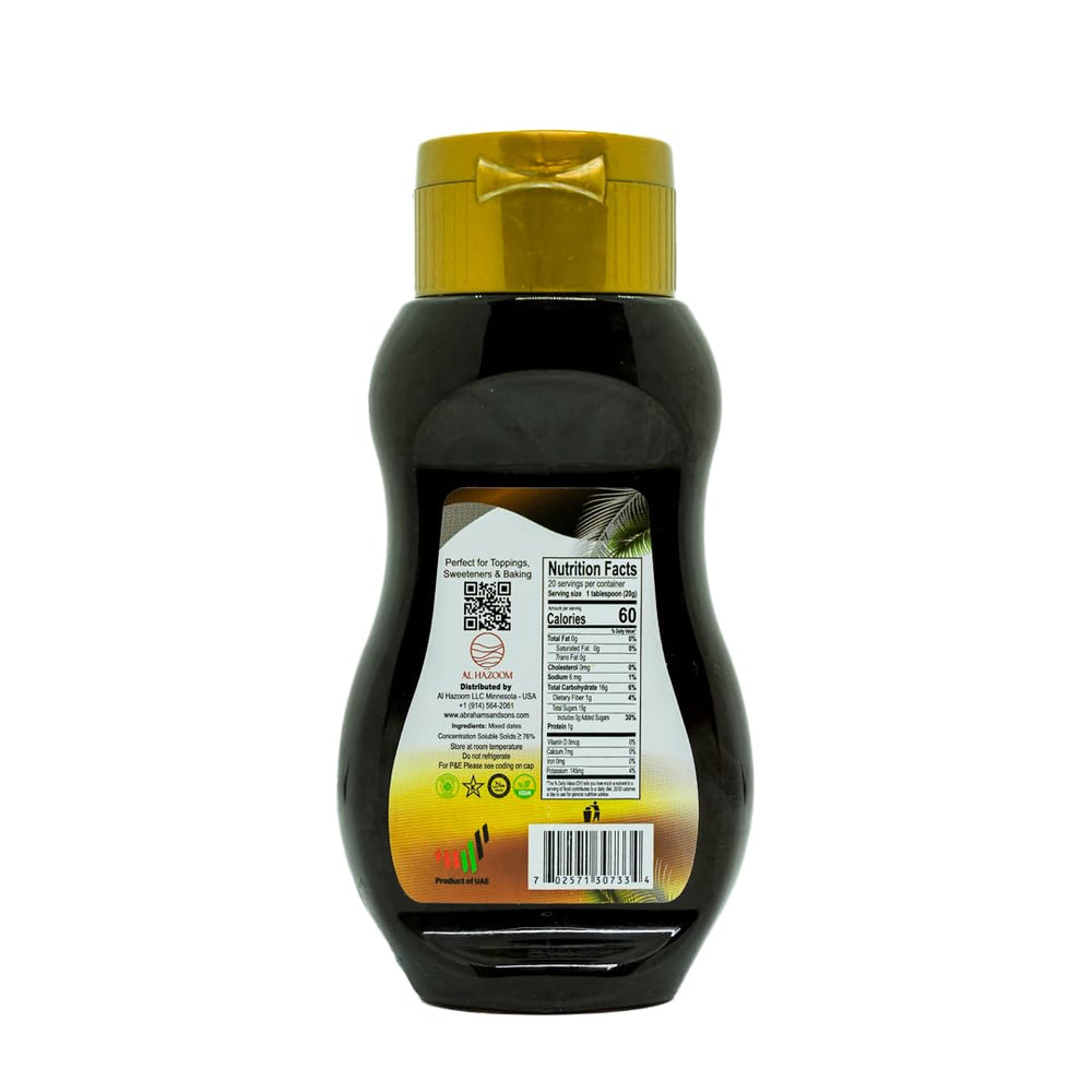 ABRAHAMS & SONS date syrup on pancakes for rich sweetness.