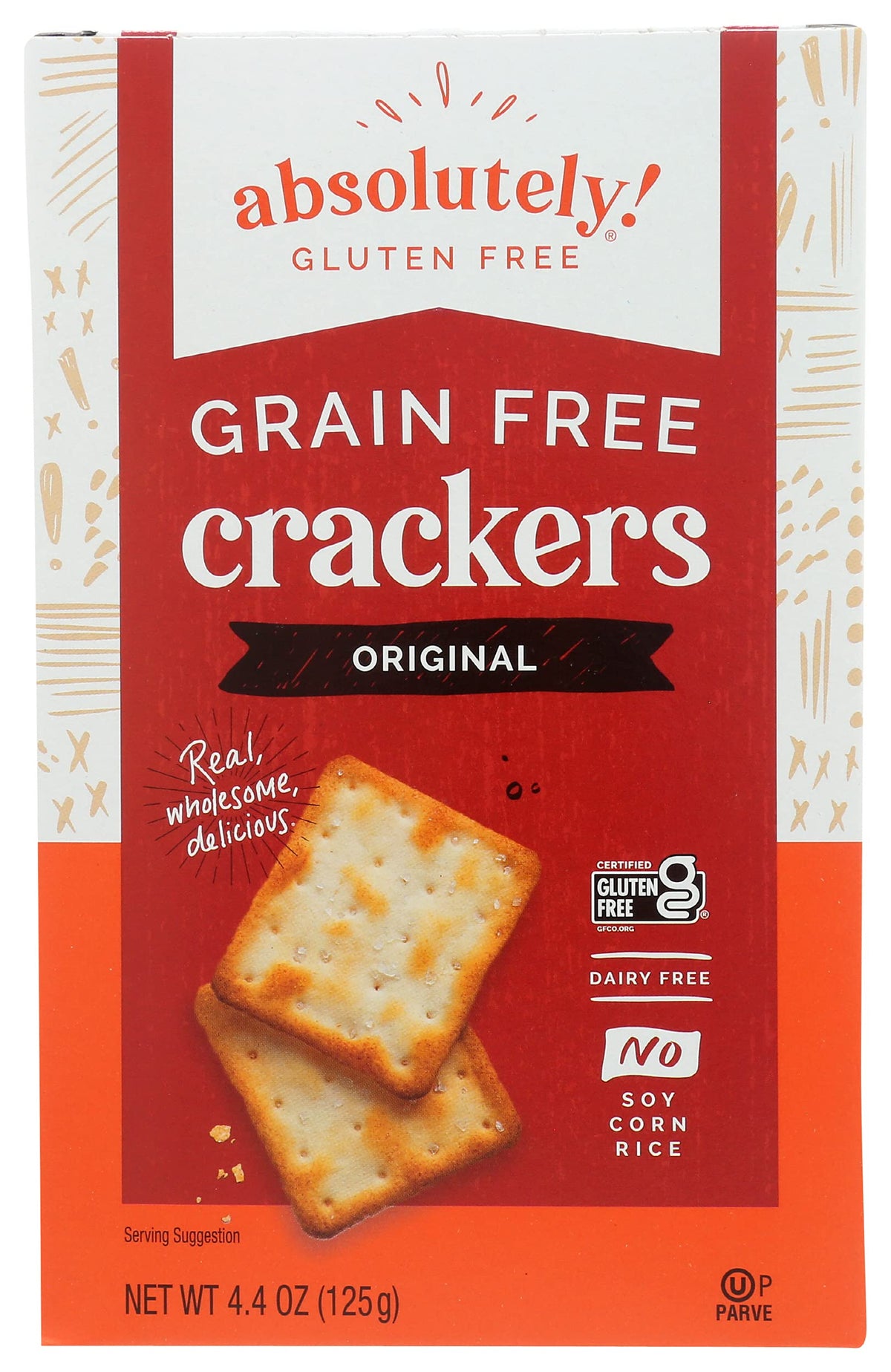 Absolutely Gluten Free Crackers Original pack front highlighting gluten-free snack option