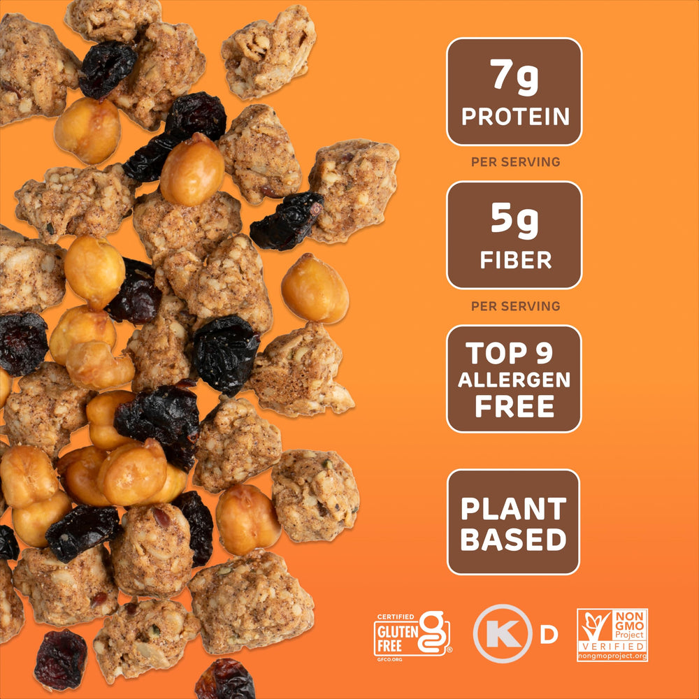 Absurd Snacks crunch close-up shows chickpeas, oats, seeds in balance