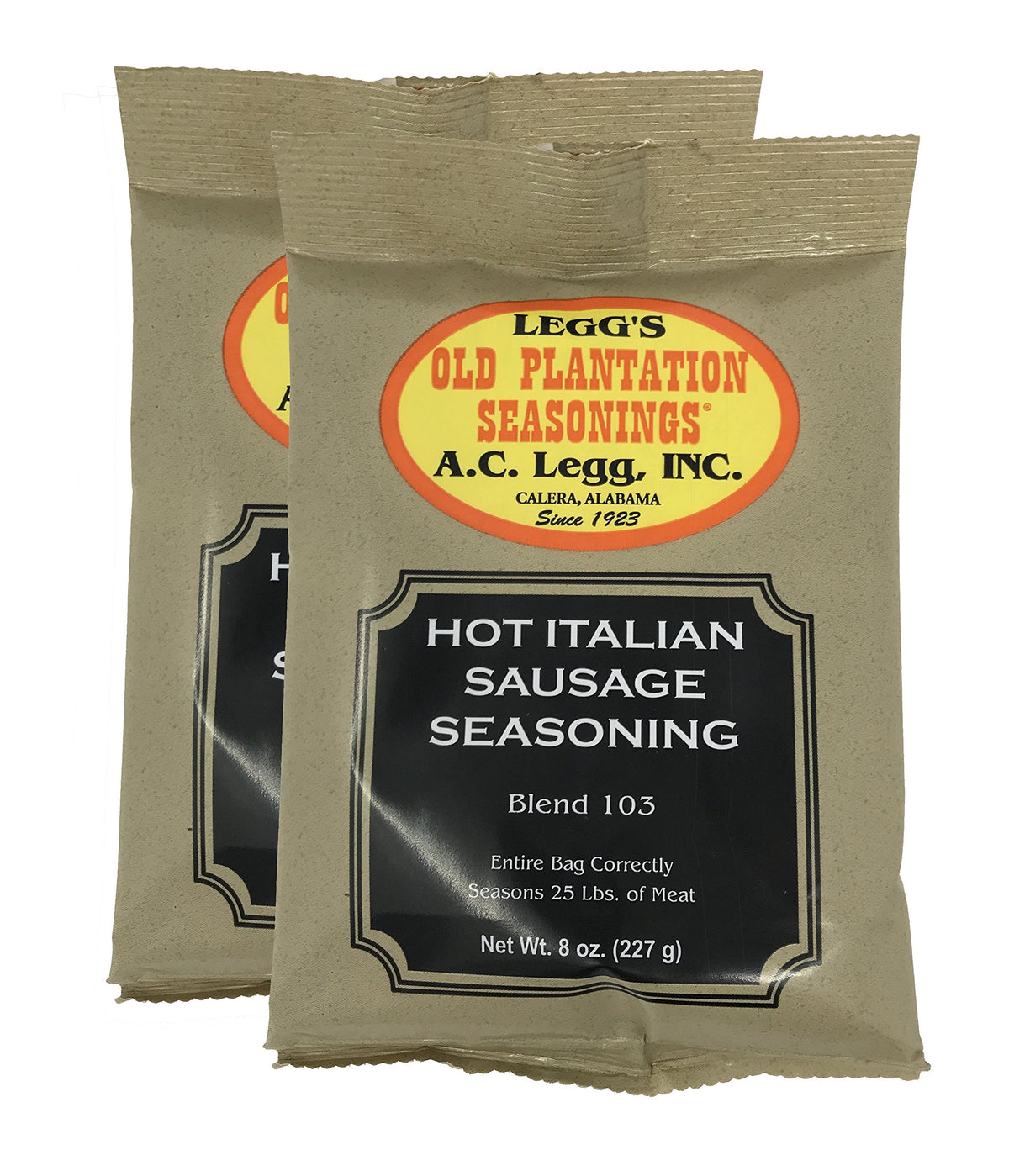 A.C. Legg hot Italian sausage seasoning two-pack with bags for large meat batches.