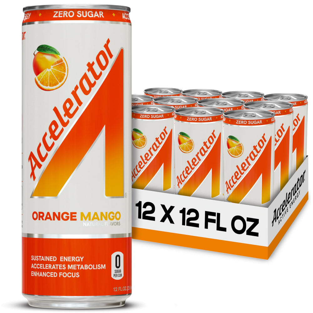 Accelerator Orange Mango energy drink can pack boosts your active day.