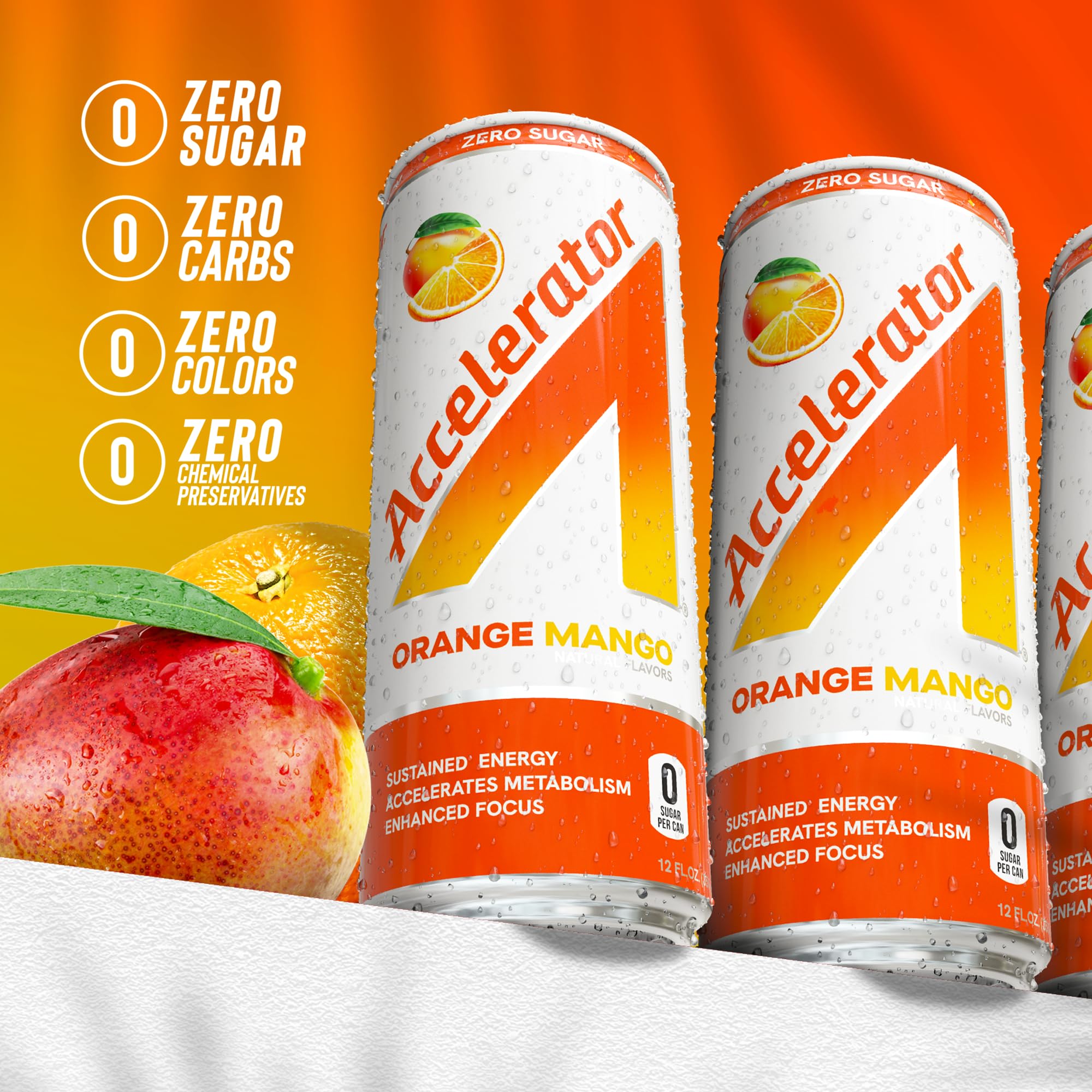 Accelerator zero-sugar claim emphasizes carb-free, clean energy.