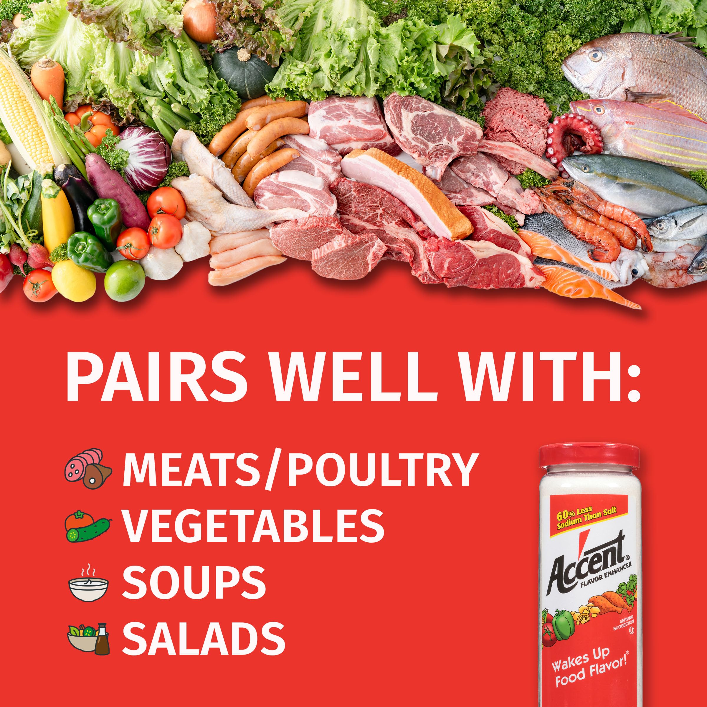 Ac'cent bottle pour demonstrates easy seasoning to enhance meats and vegetables.