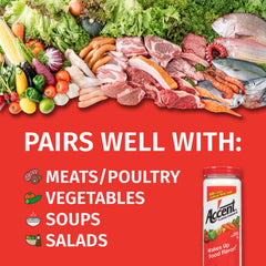 Ac'cent bottle pour demonstrates easy seasoning to enhance meats and vegetables.