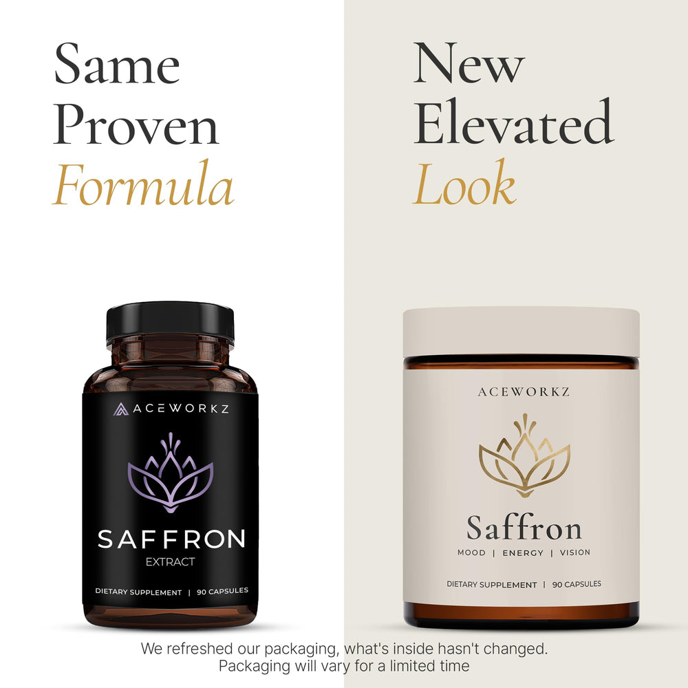 ACEWORKZ saffron packaging front view emphasizing trusted quality and clean ingredients.
