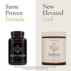 ACEWORKZ saffron packaging front view emphasizing trusted quality and clean ingredients.