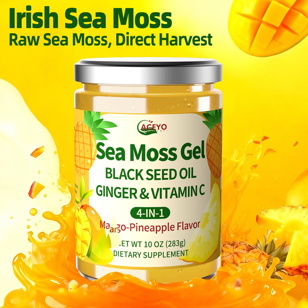 ACEYO Sea Moss Gel label closeup showing non-GMO vegan formula.