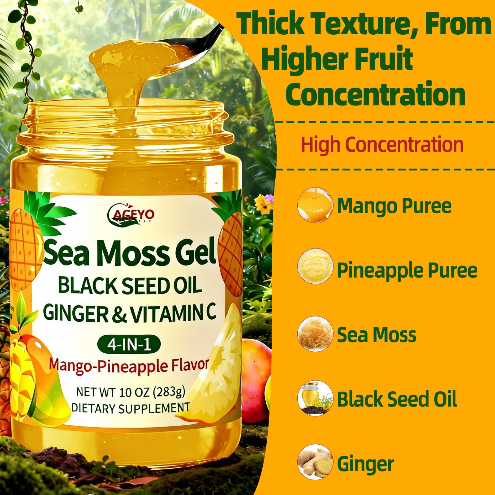ACEYO Sea Moss Gel tropical-fruit mix jar shown for versatile recipe use.