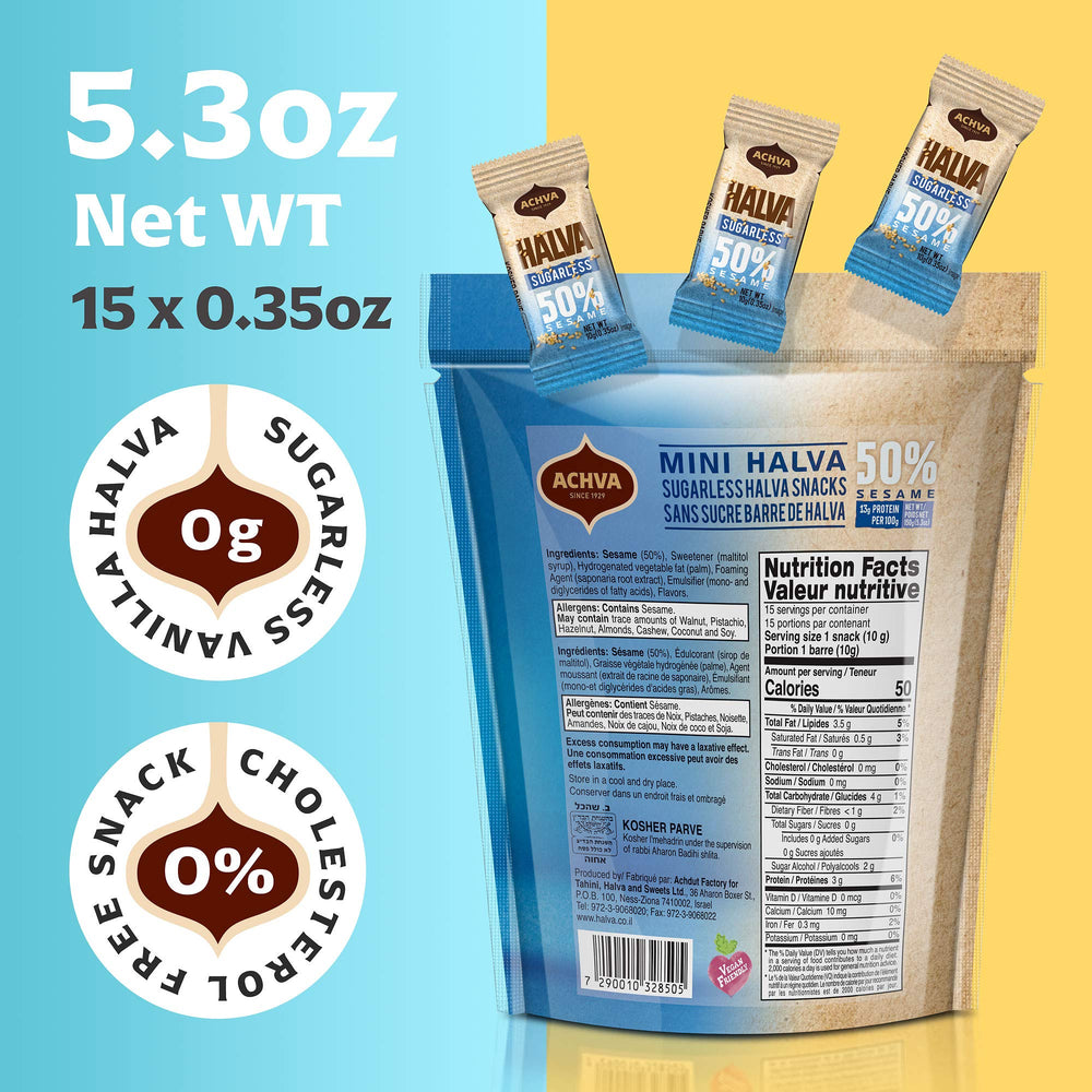 Achva Halva Mini Snacks vanilla bars close-up, creamy texture ideal for quick indulgence.