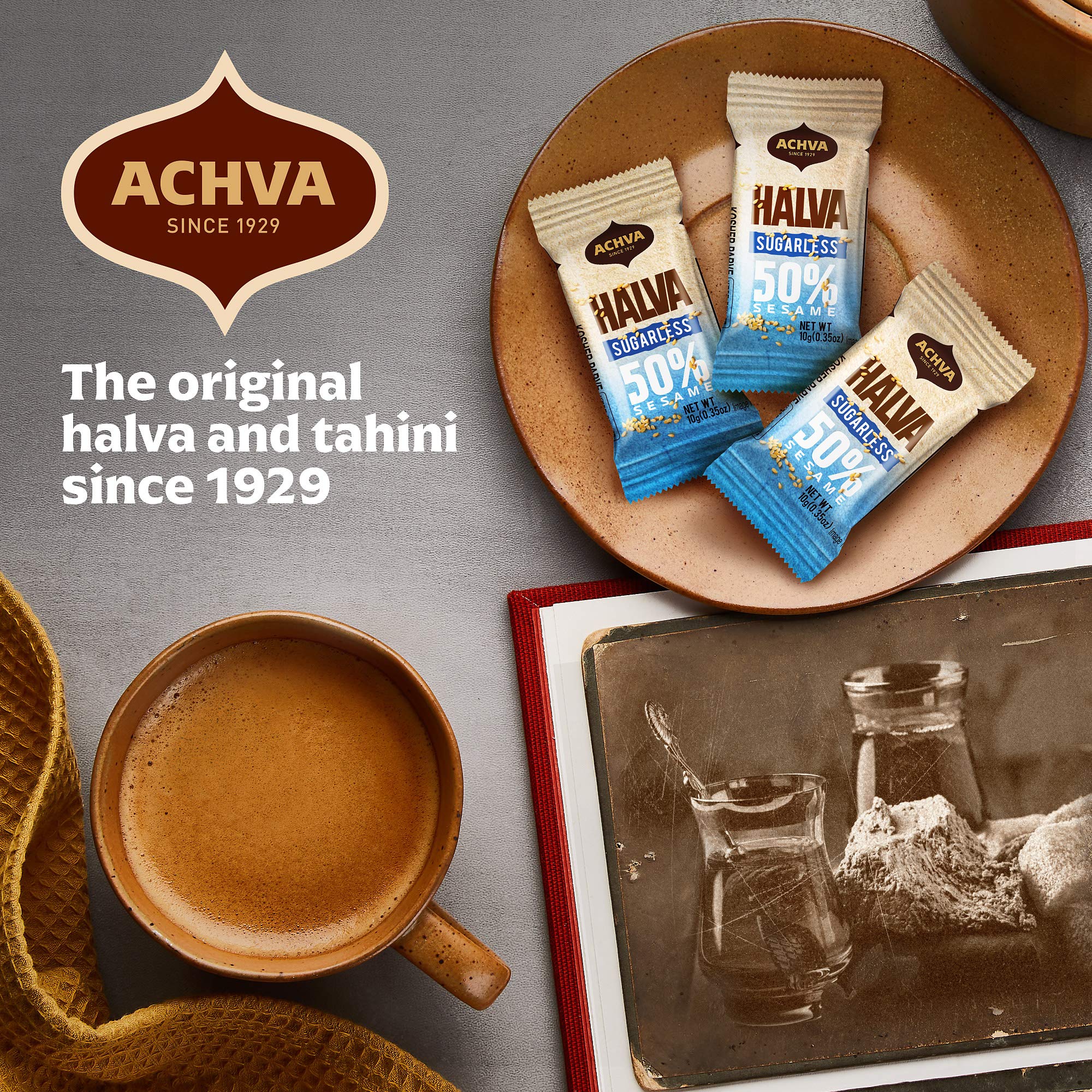 Achva Halva Mini Snacks vanilla nutrition label, fiber-rich and dairy-free.