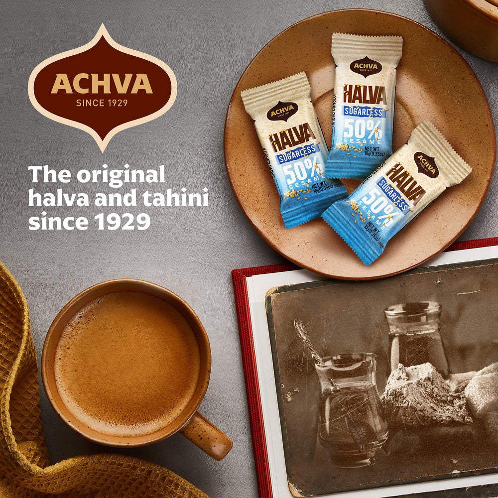 Achva Halva Mini Snacks vanilla nutrition label, fiber-rich and dairy-free.