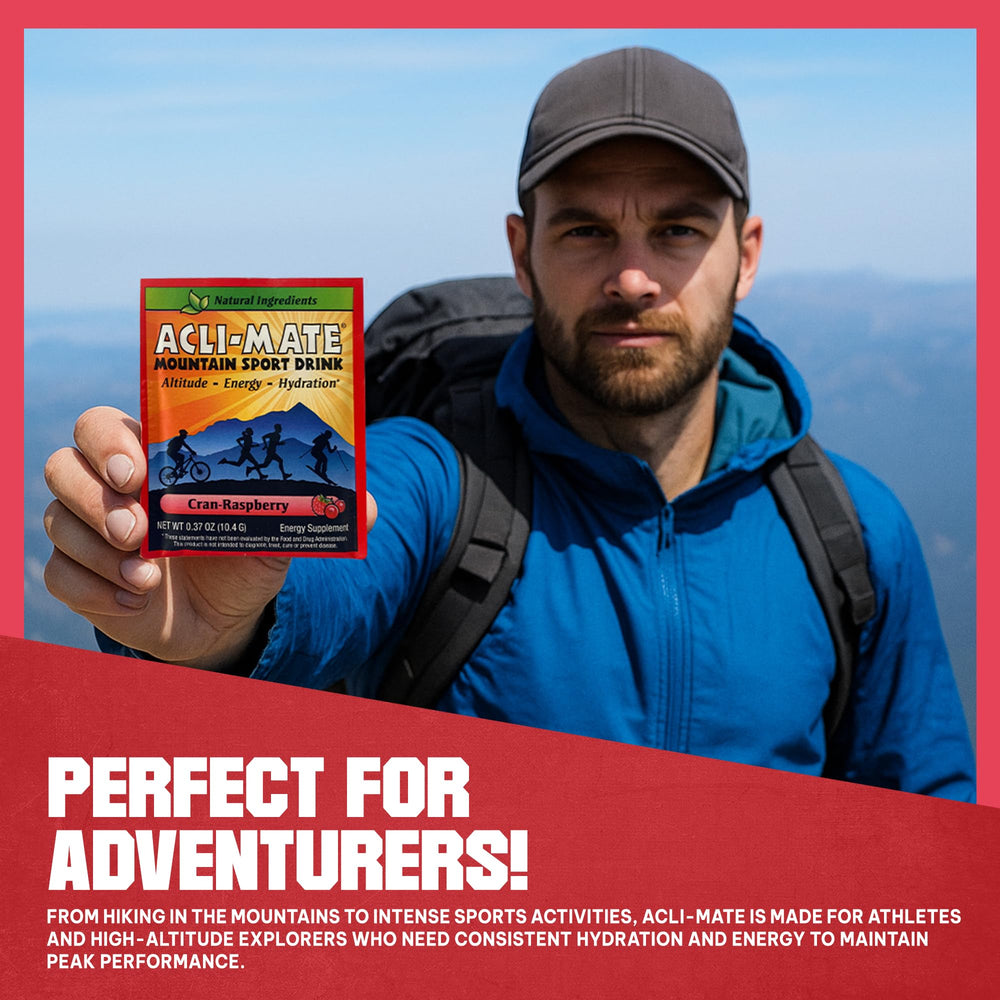 Athlete mixes Acli-Mate packets after a climb for rehydration and recovery.