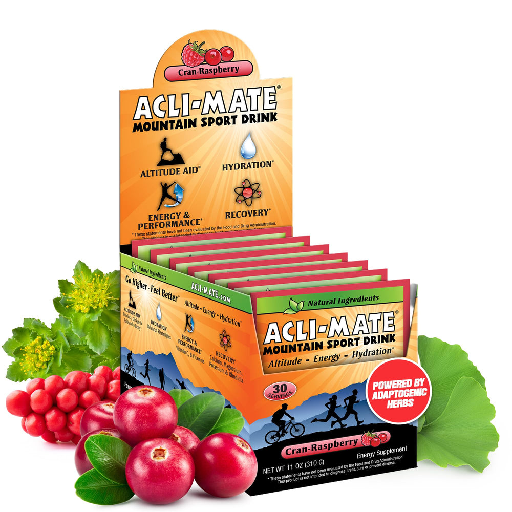 Acli-Mate Mountain Drink packet poured into a cup for hiking hydration.