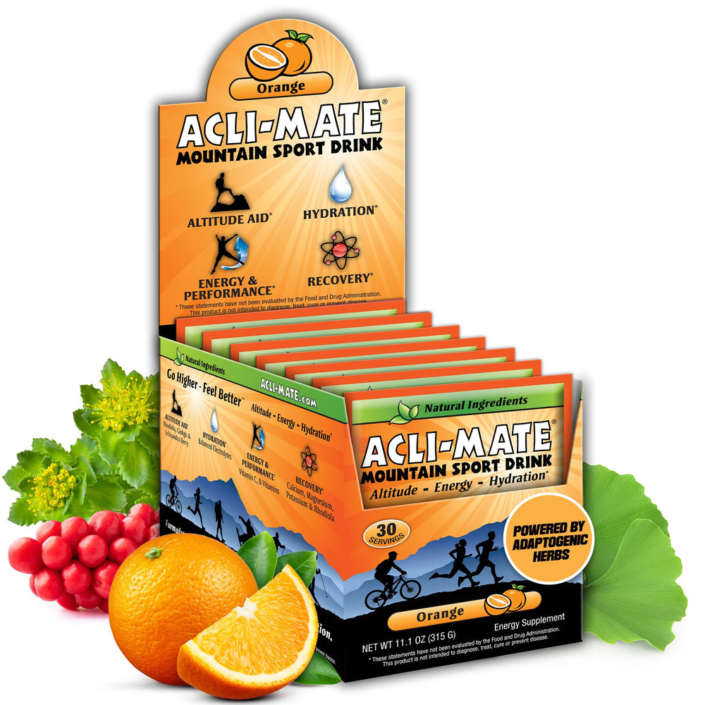 Acli-Mate mountain sport drink orange packet for high-altitude hydration and performance