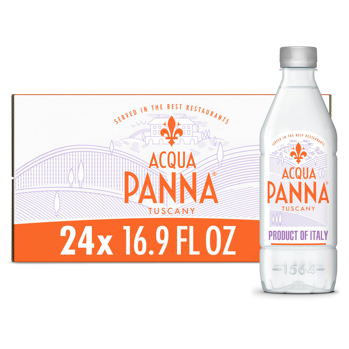 Acqua Panna bottle with Tuscan design enhances dining presentation.