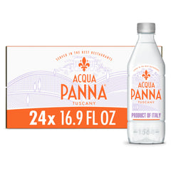 Acqua Panna bottle with Tuscan design enhances dining presentation.