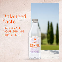 Acqua Panna natural alkaline water with pH 8.0+ supports a balanced dining experience.