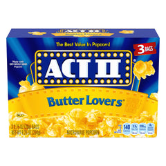 ACT II Butter Lovers Microwave Popcorn bags show fluffy kernels with buttery flavor for quick snacking