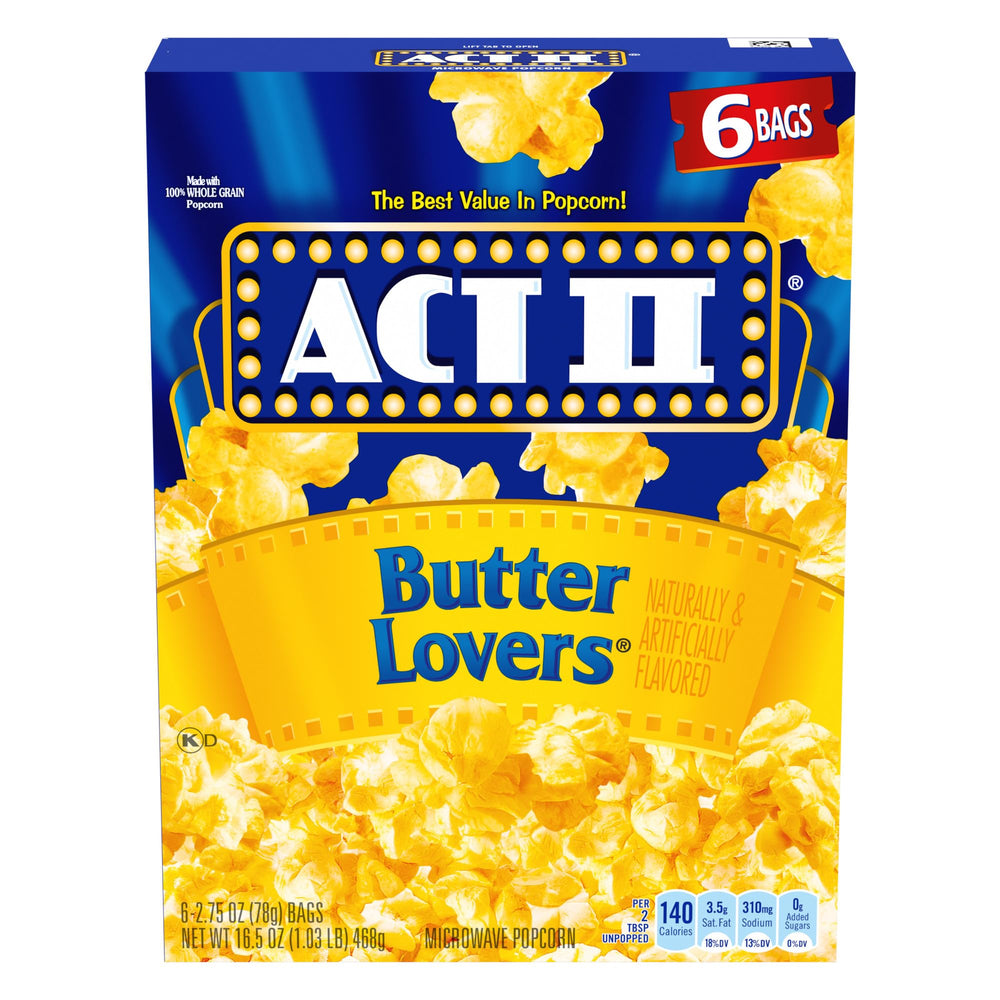 ACT II Butter Lovers Popcorn box with six 2.75 oz bags for quick, tasty snacking.