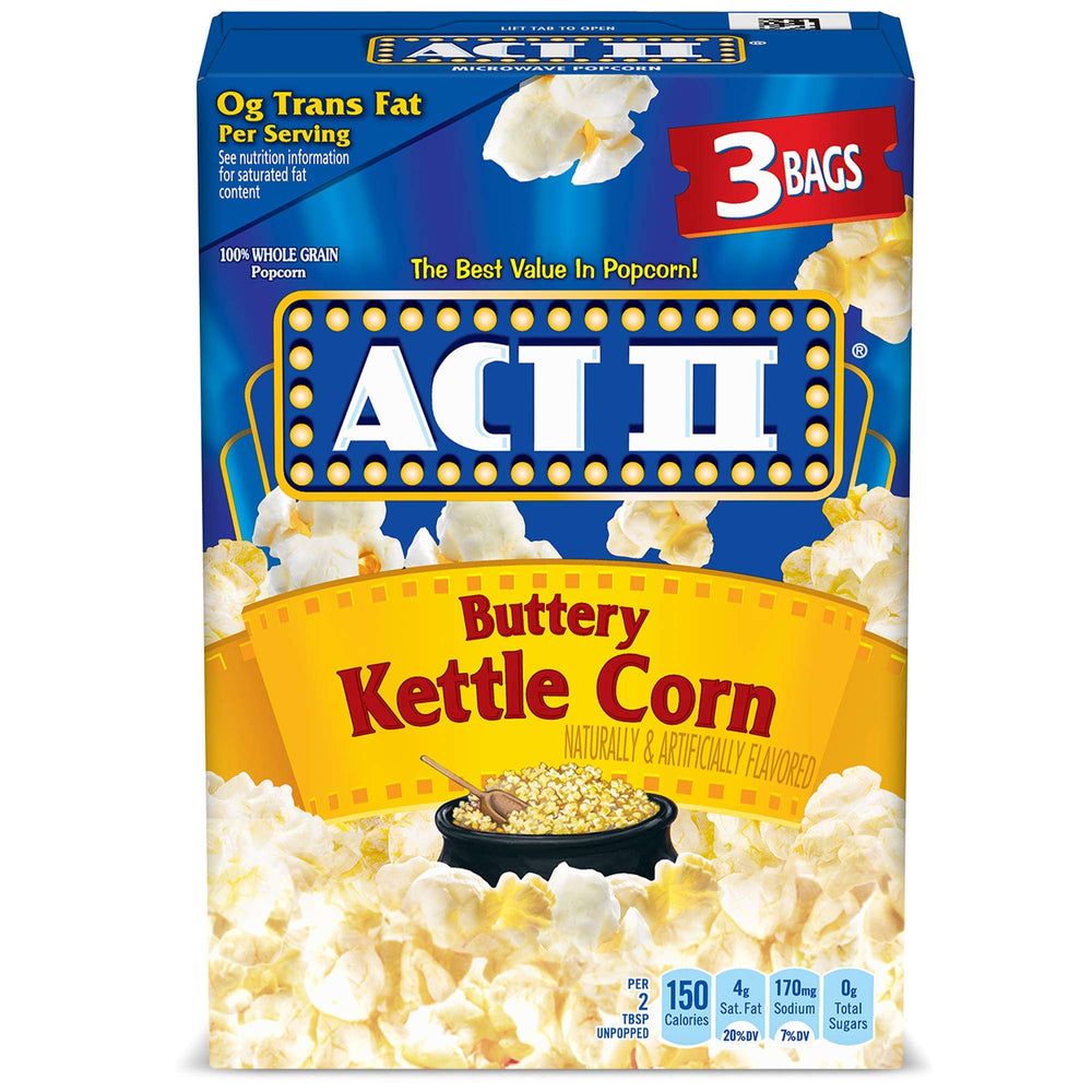 ACT II Buttery Kettle Corn packaging with 3 bags per box, pantry stock ready