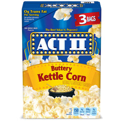 ACT II Buttery Kettle Corn packaging with 3 bags per box, pantry stock ready