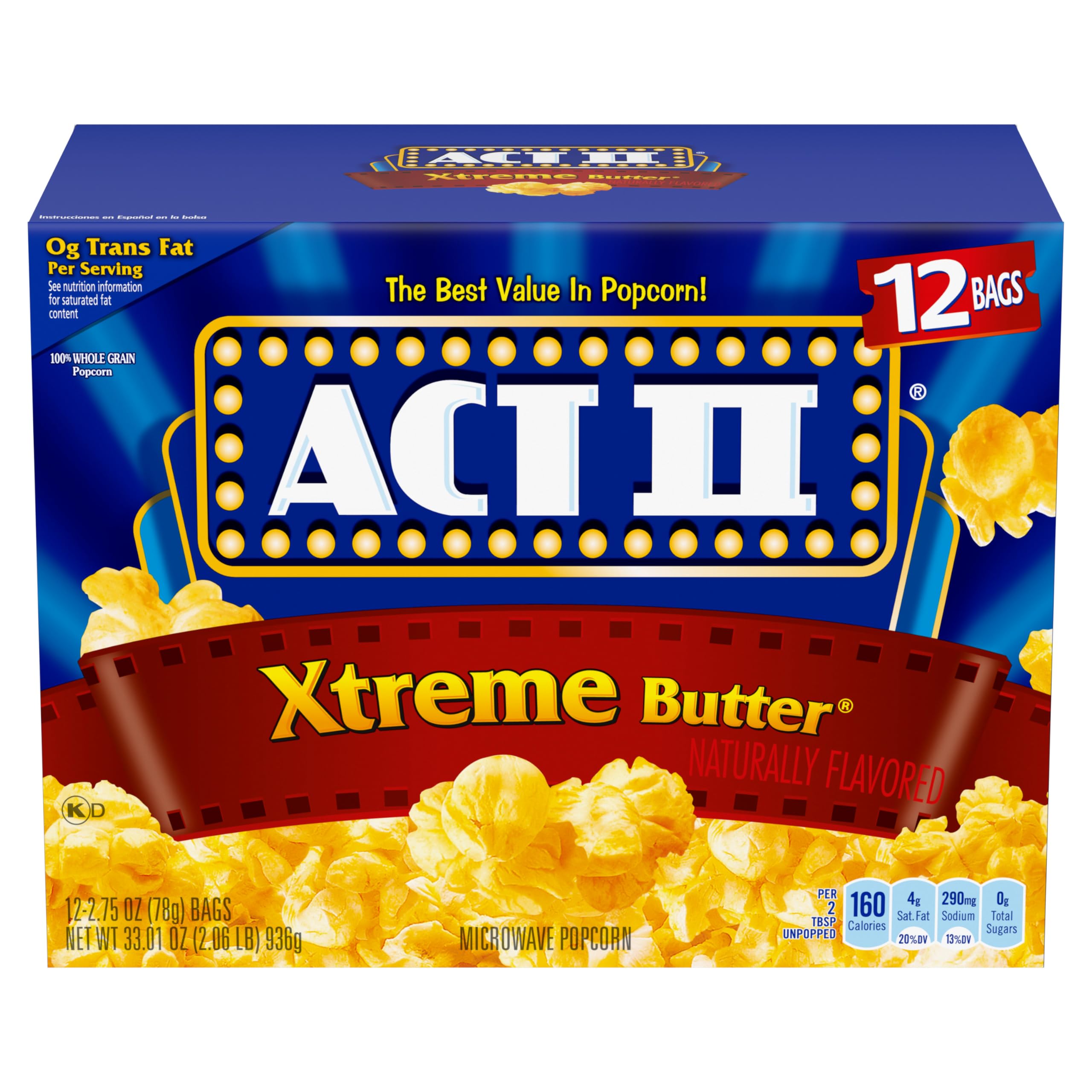 ACT II Xtreme Butter popcorn packaging shows twelve bags for quick family movie nights.