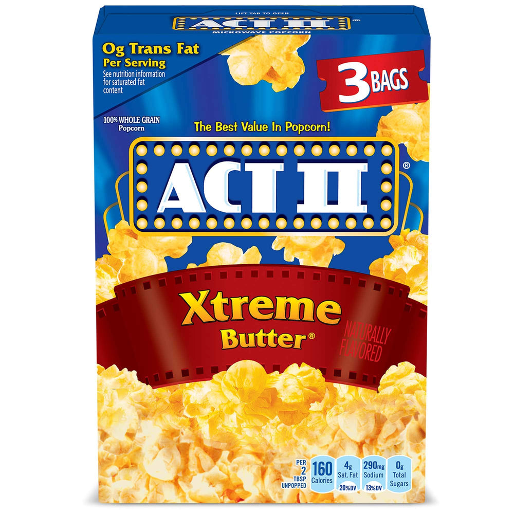 ACT II Xtreme Butter popcorn box ready for family movie night and quick snacking.