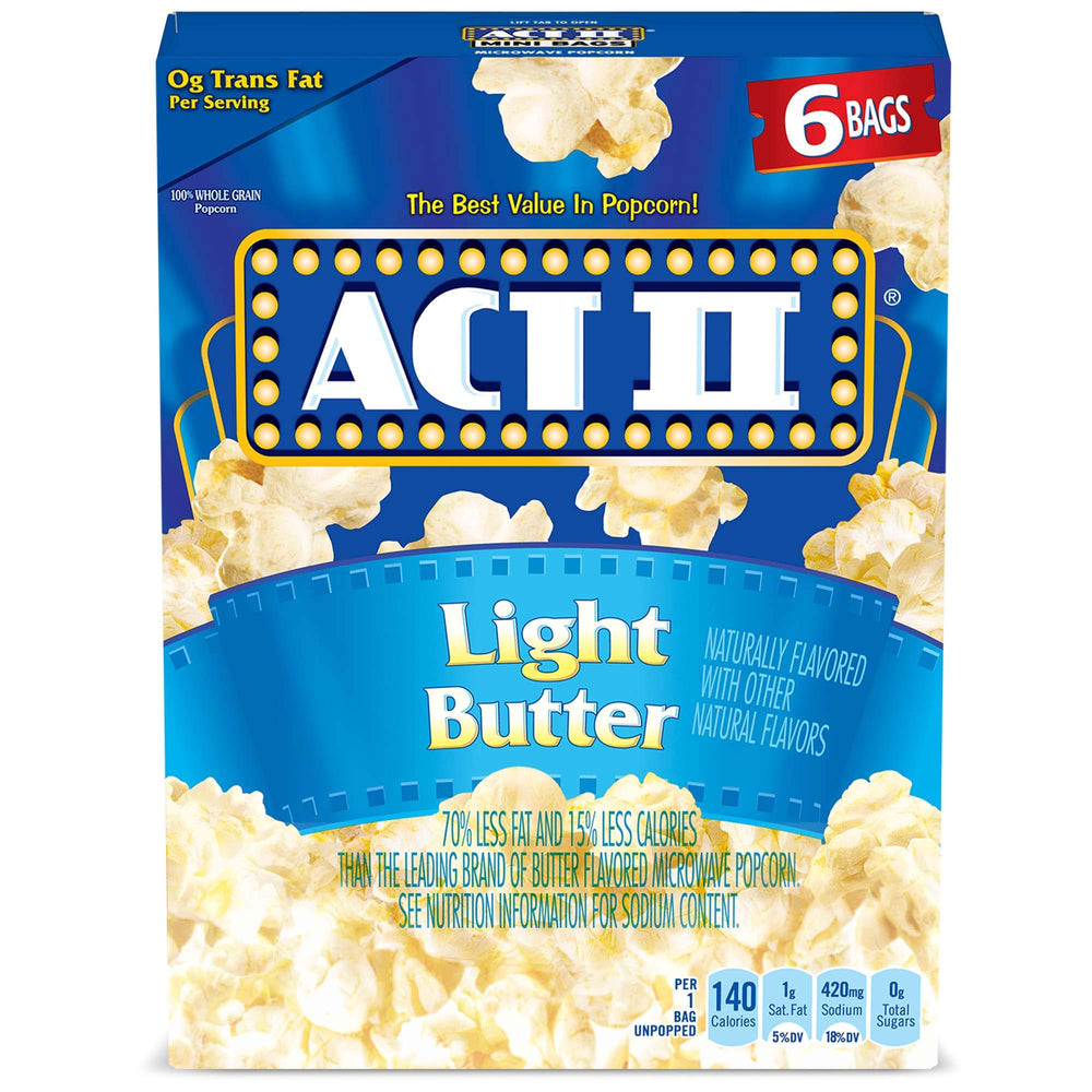 ACT II Light Butter Popcorn packaging shown with six boxes for easy pantry storage