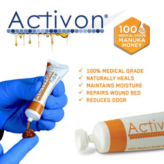 ActivOn wound care gel application close-up showing gentle treatment for wounds.