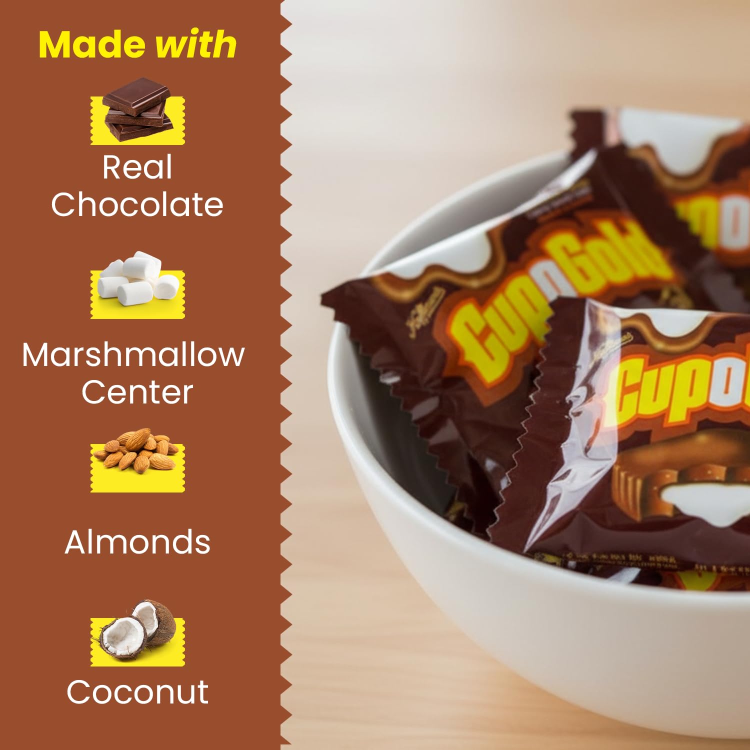 Toasted almonds and coconut add texture to the milk chocolate.