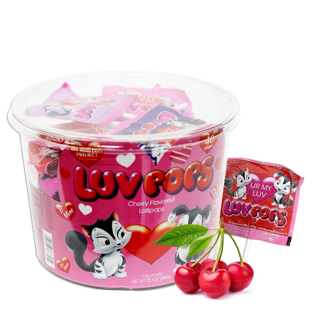 Adams & Brooks Luv Pops cherry heart-shaped lollipops in bright red, ideal for gifting.
