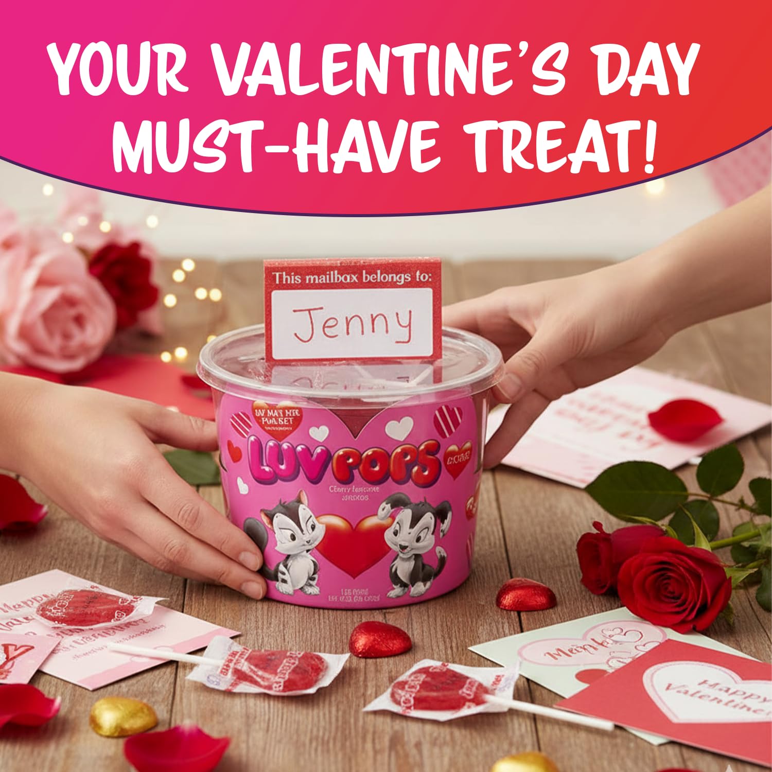 Adams & Brooks Luv Pops heart-shaped design adds playful valentines charm.