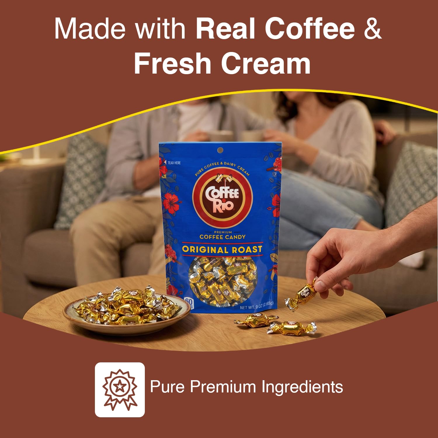 Gift-ready layout of Coffee Rio Original Roast caramel candy packaging
